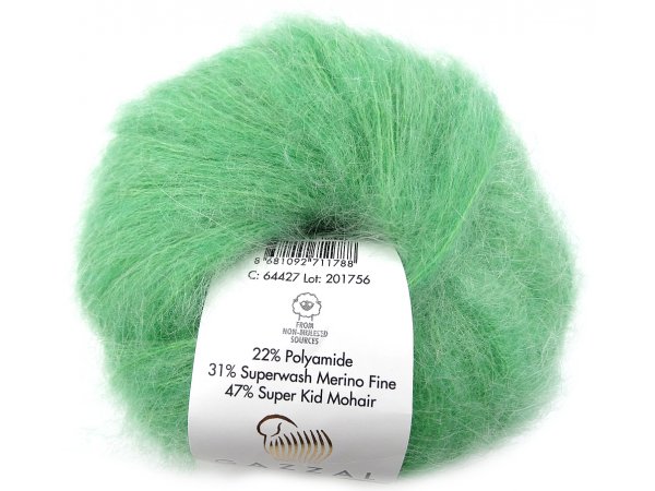 SUPER KID MOHAIR włóczka Gazzal 27 ZIELONA MIĘTA JASNA cena za 25g 237m moher na szale estońskie najtańsze włóczki w Warszawie