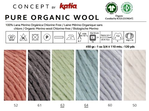 PURE ORGANIC WOOL 64 MINT SPŁOWIAŁY WPADA LEKKO W NIEBIESKI  włóczka KATIA 50g 110m wełna 100% chlorine free