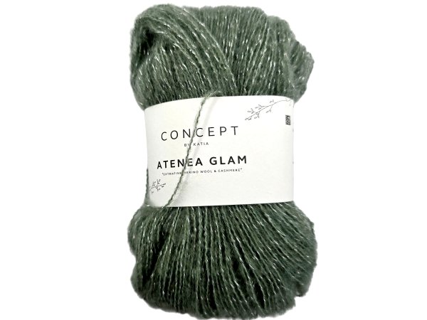 ATENEA GLAM 102 ZIELONA SZAŁWIA / SILVER KATIA 25g 160m mix kaszmiru wełny bawełny delikatna jak piórko z delikatnym błyskiem