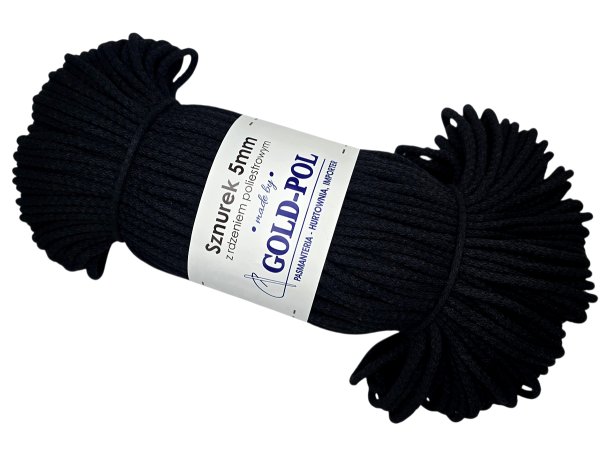 Sznurek 5mm BLACK CZARNY 100m by GOLD-POL bawełniany z rdzeniem poliestrowym
