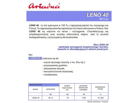 LENO 40 nici lniane do szycia ARIADNA ECRU-2201 cena za 1 sztukę 500m krawieckie do maszyny sklep Goldpol Warszawa